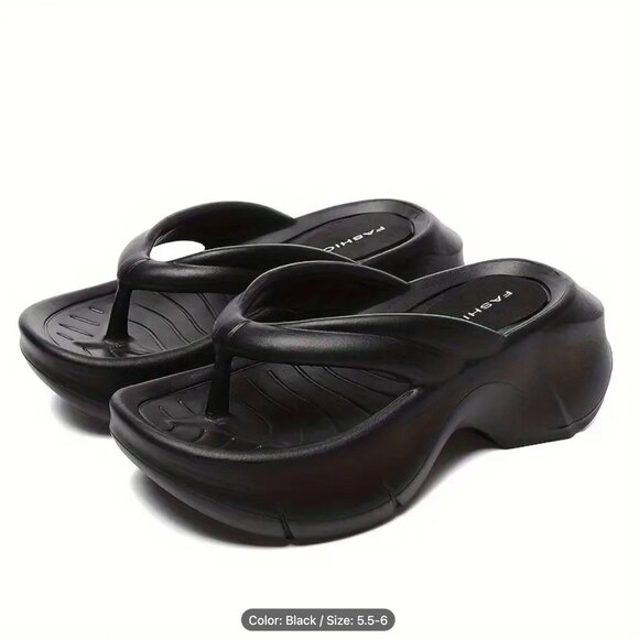NEW Black Women's Solid Color Flip Flops Casual Wedge Platform Sandal size 5.5-6 - Picture 1 of 11